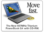 Move fast. The new 667Mhz Titanium PowerBook G4 with CD-RW.